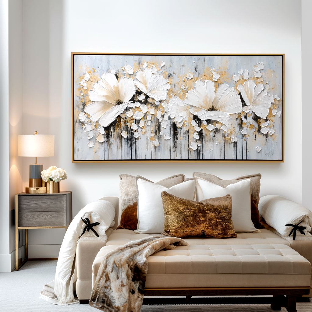 Ivory Poppies-Gold Floral Painting