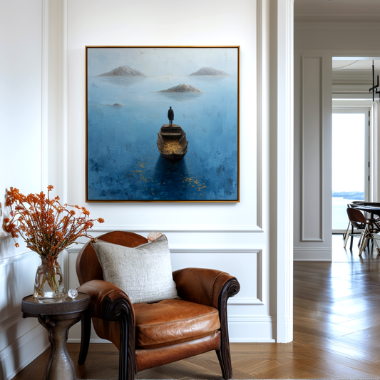 Golden Voyage – Surreal Blue Boat Abstract Oil Painting