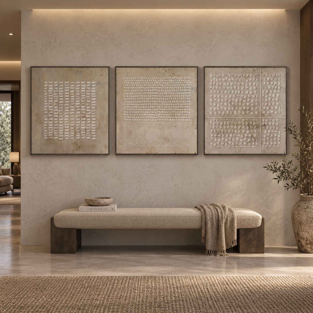 Quiet Relief-Textured Triptych Painting