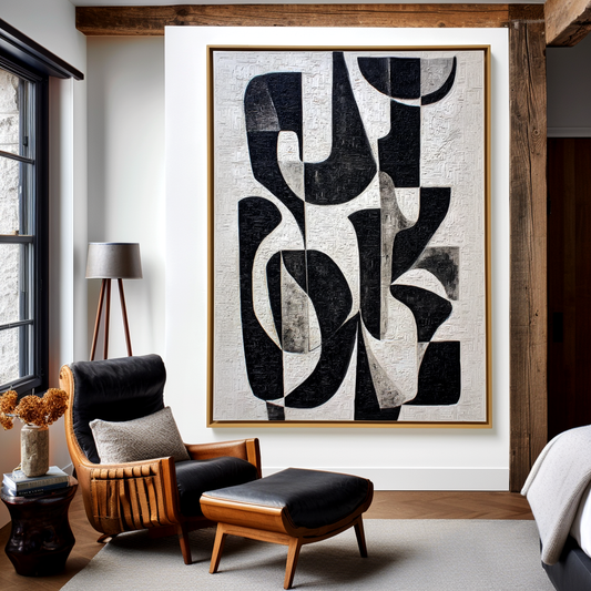 Form of Silence – Black and White Textured Abstract Geometric Painting