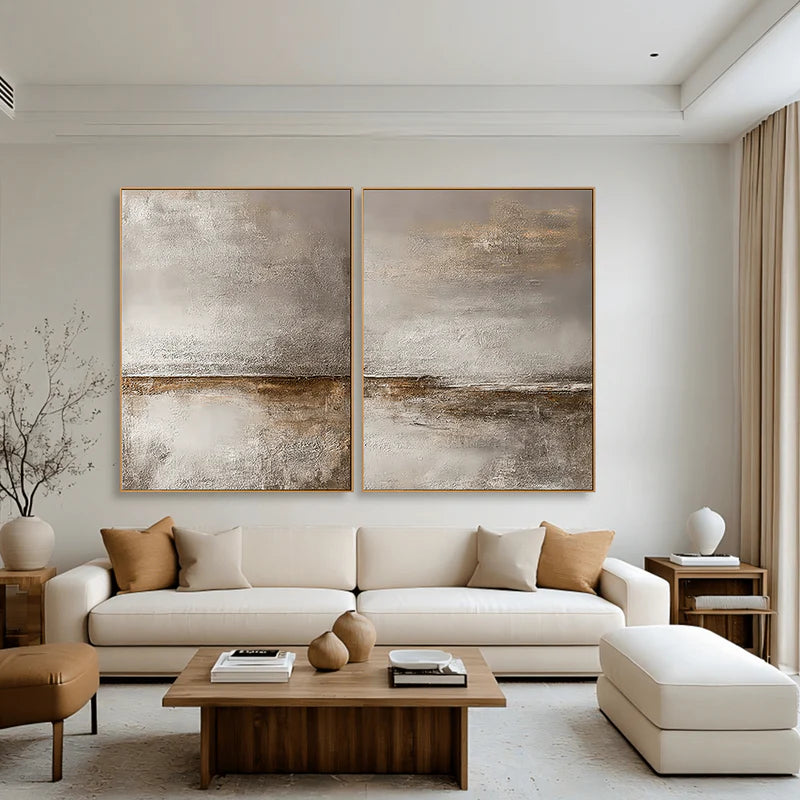 Greige Horizon-Textured Diptych Painting