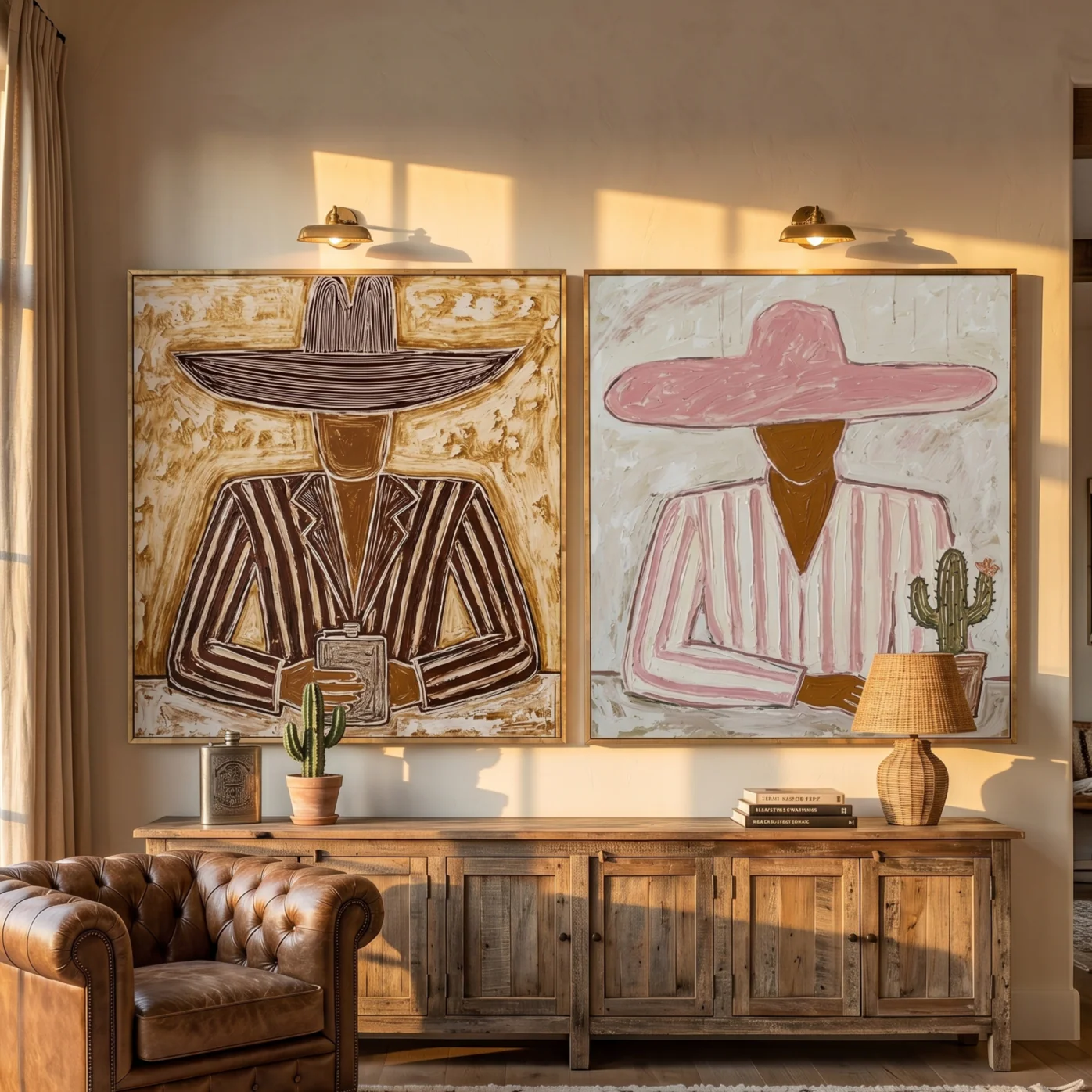 Cafe Companions-Western Diptych Painting